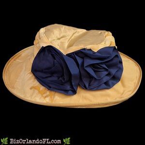 VINTAGE: Hattitude New York Wide Brim Derby Hat Yellow Floral Print Navy Rosette